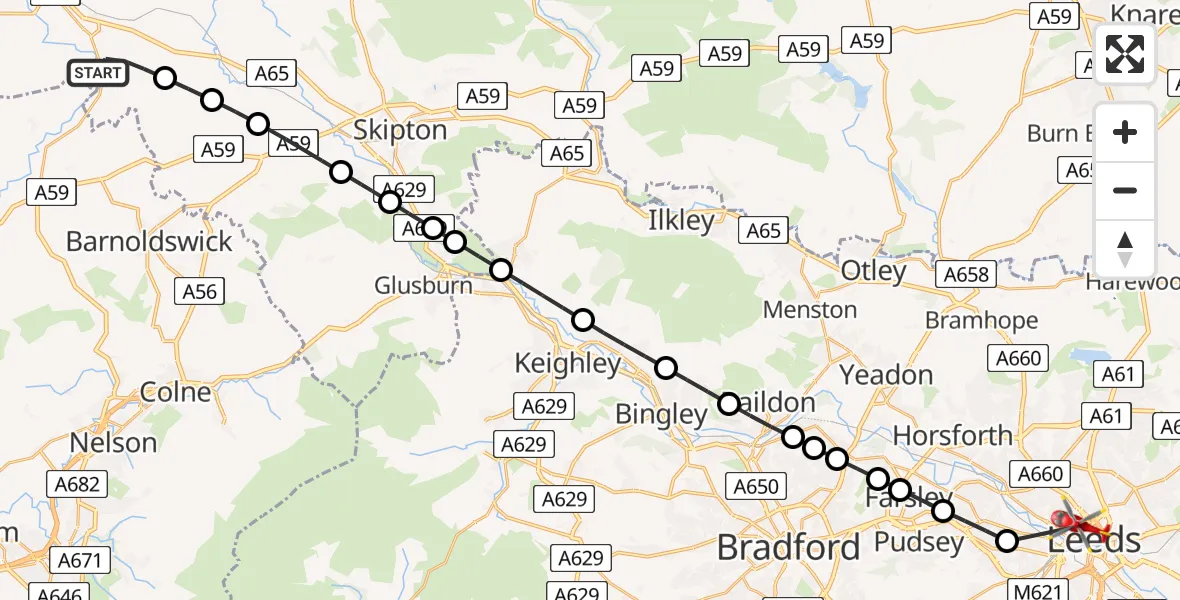 Flight route Air Ambulance Helicopter Hellifield - Woodhouse, 24 July 2026, 15:30