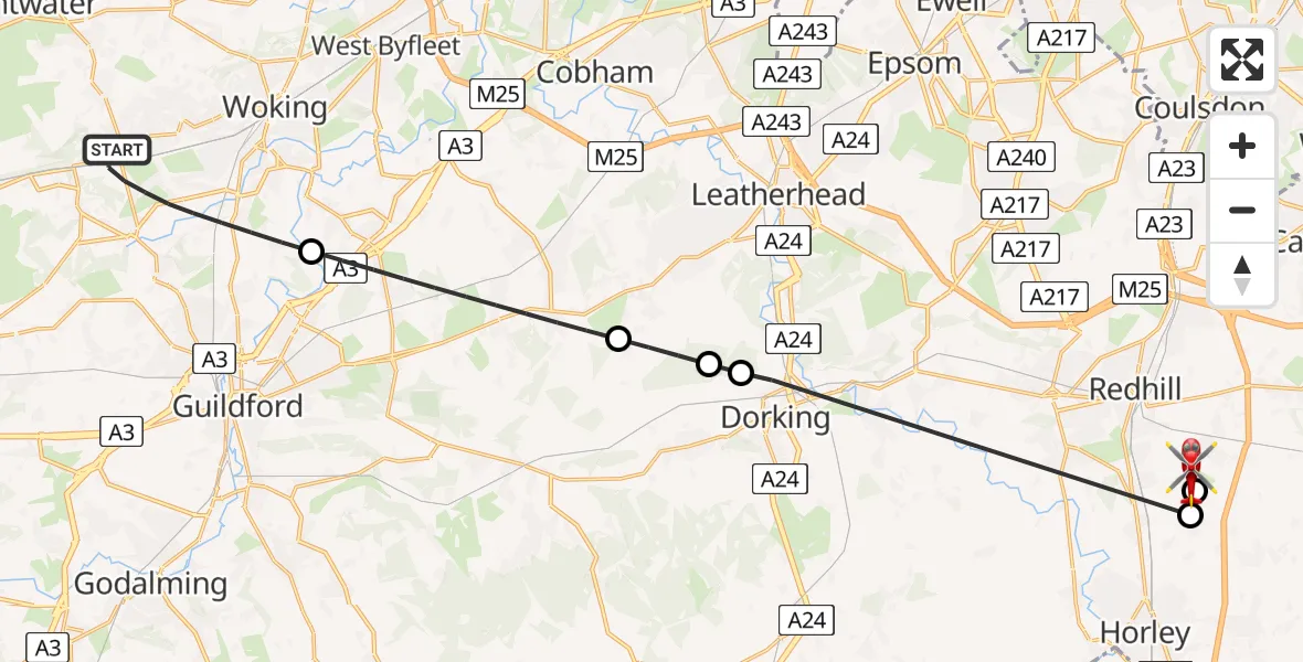 Flight route Air Ambulance Helicopter Woking - Redhill Aerodrome, 24 July 2026, 15:33