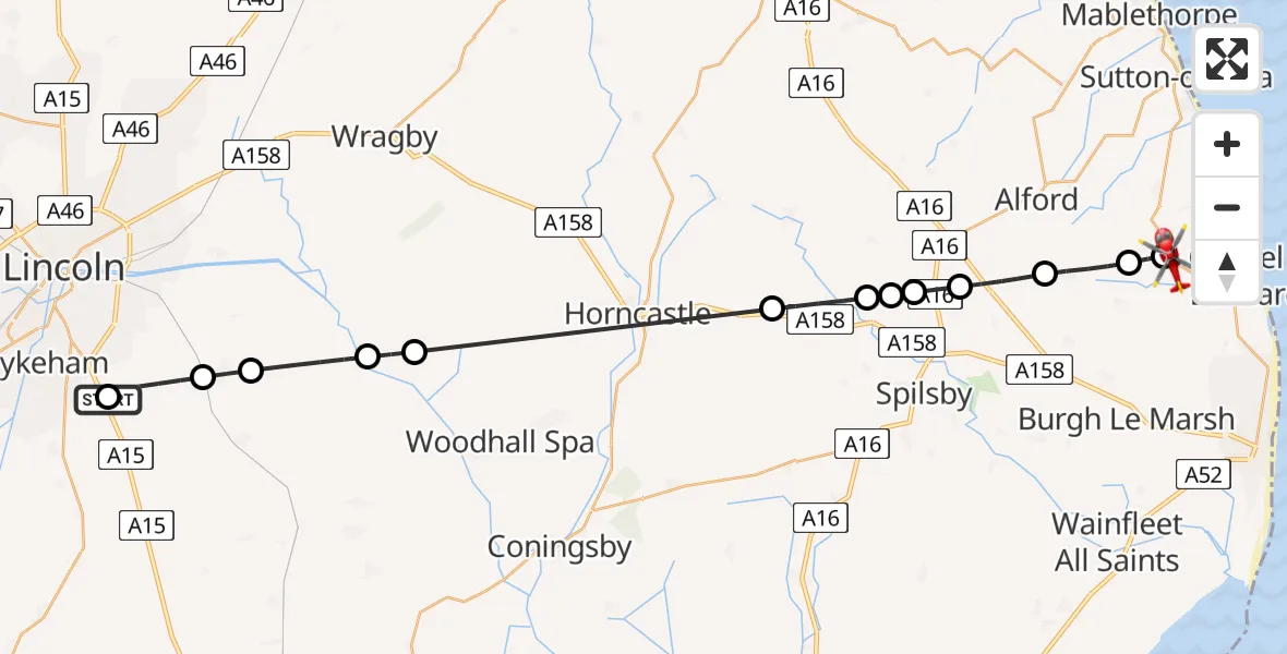 Flight route Air Ambulance Helicopter RAF Waddington - Hogsthorpe, 24 July 2026, 15:36