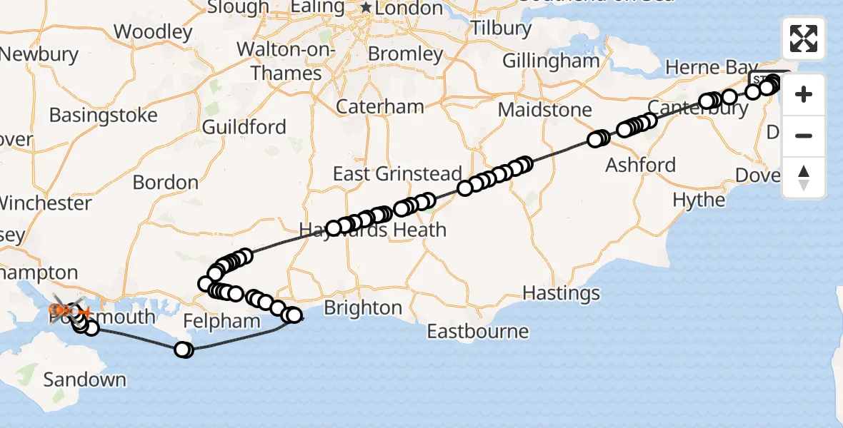 Flight route Coastguard Helicopter Manston Airport - Solent Airport, 24 July 2026, 15:36