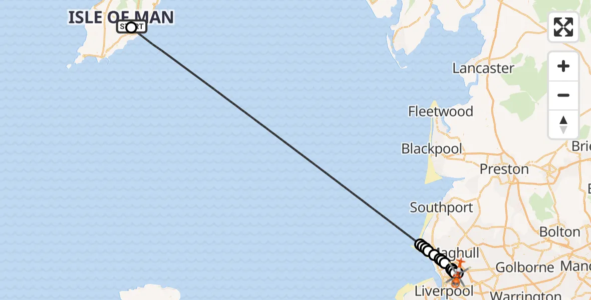 Flight route Coastguard Helicopter Noble's Hospital Heliport - Fazakerley, 24 July 2026, 15:38