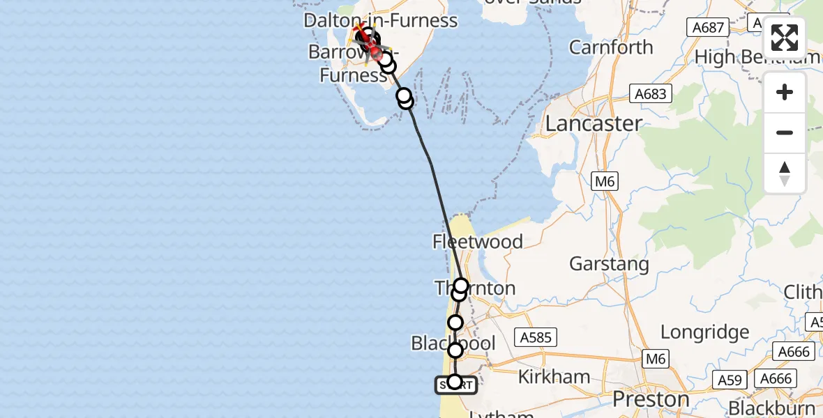 Flight route Air Ambulance Helicopter Blackpool Airport - Dalton-in-Furness, 24 July 2026, 15:38
