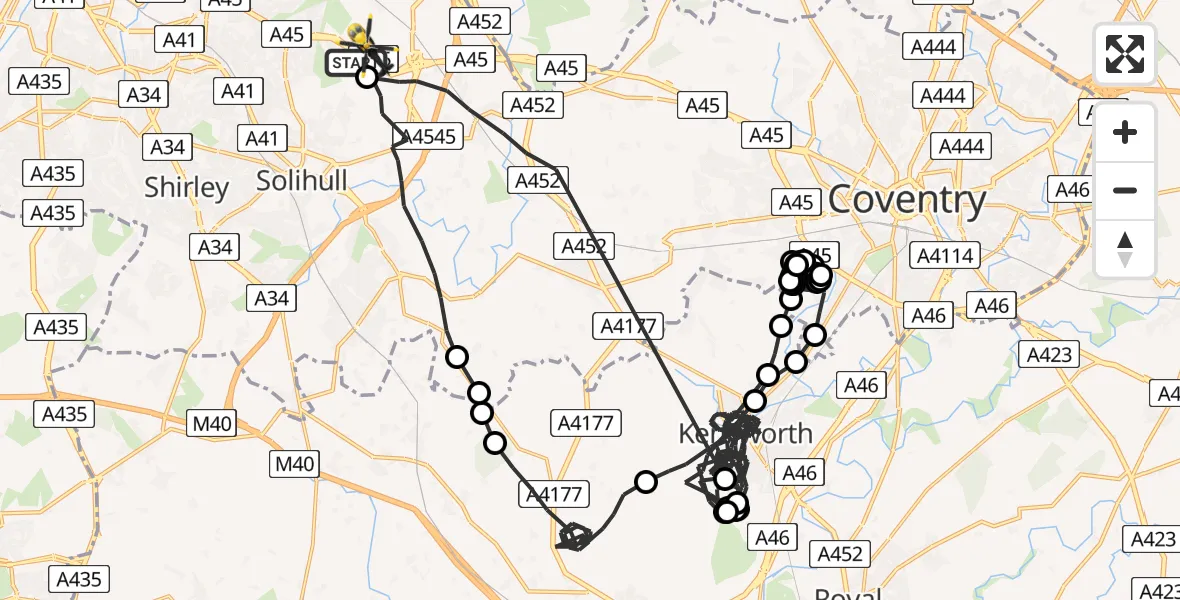 Flight route Police Helicopter Birmingham Airport - Solihull, 24 July 2026, 15:39