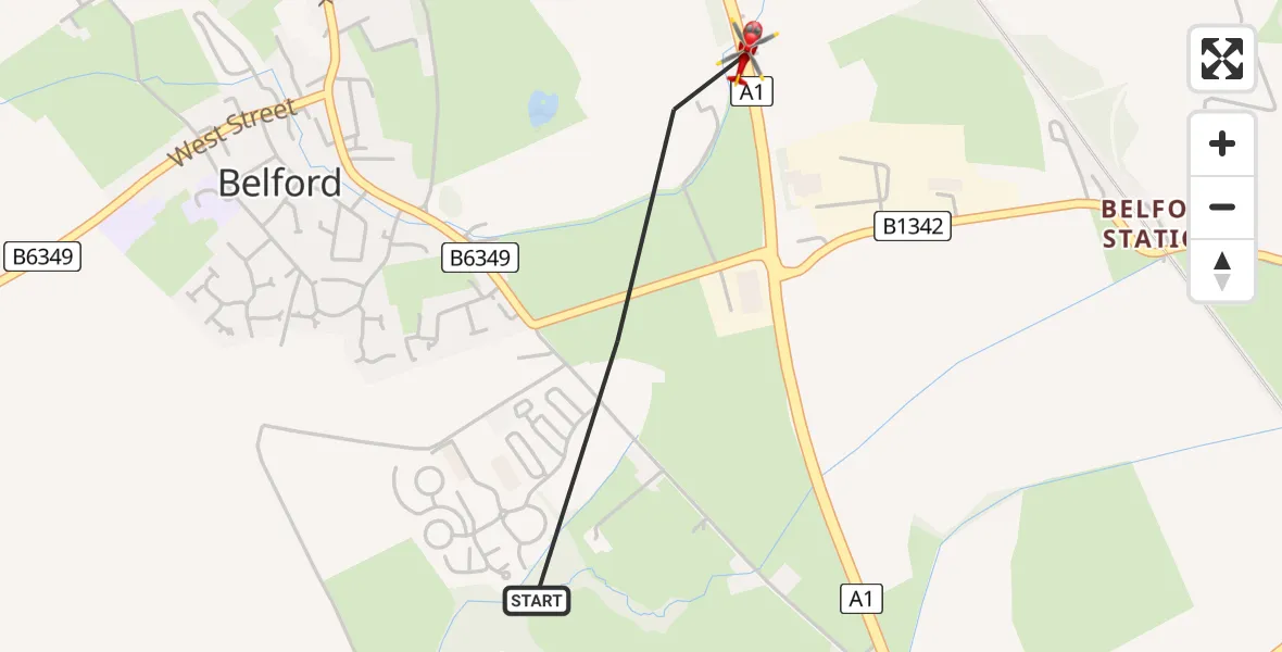 Flight route Air Ambulance Helicopter Belford - Belford, 24 July 2026, 15:46
