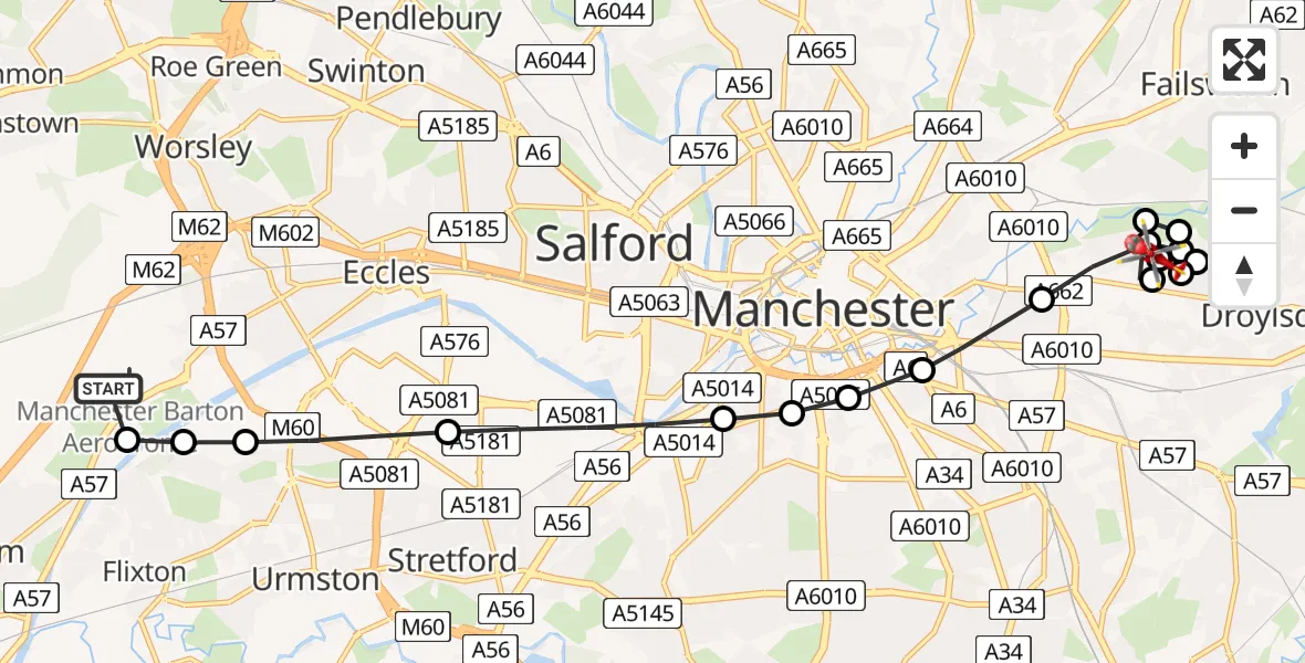 Flight route Air Ambulance Helicopter Manchester Barton Aerodrome - Newton Heath, 24 July 2026, 15:50