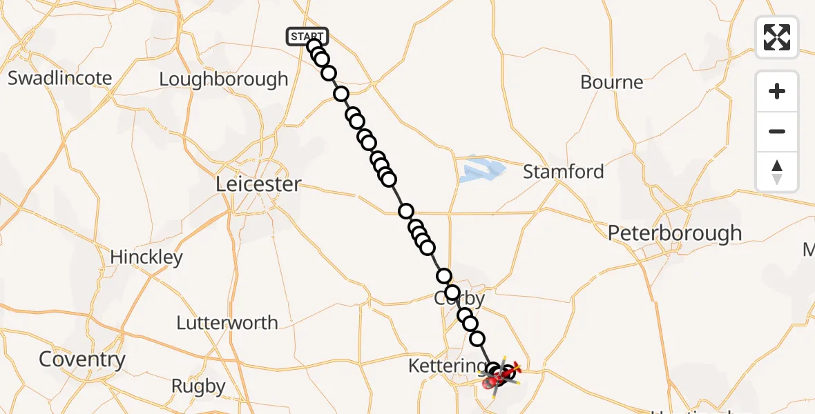 Flight route Air Ambulance Helicopter Rushcliffe - Twywell, 24 July 2026, 16:05