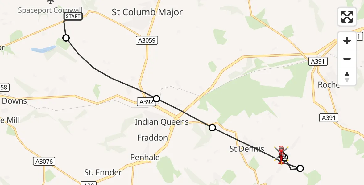 Flight route Air Ambulance Helicopter Cornwall Airport Newquay - St Dennis, 24 July 2026, 16:06