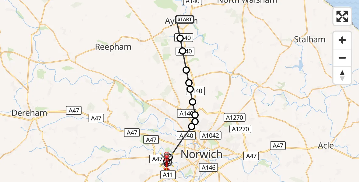 Flight route Air Ambulance Helicopter Aylsham - Norfolk & Norwich Hospital, 24 July 2026, 16:12