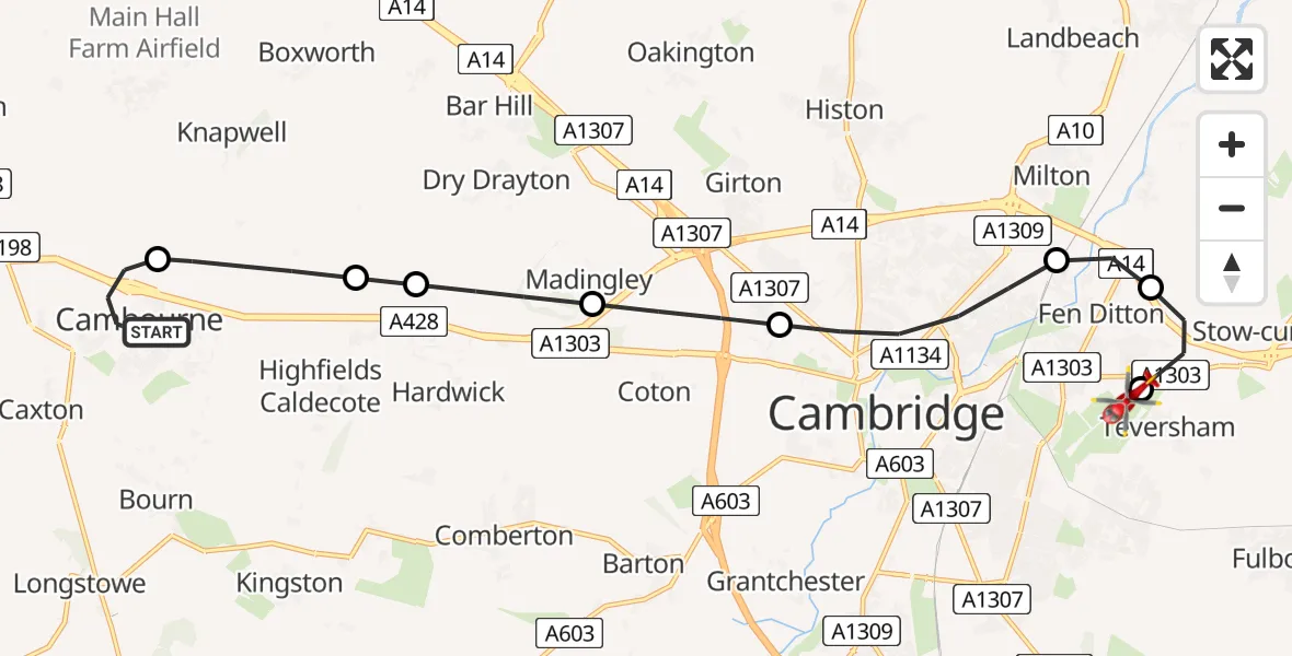 Flight route Air Ambulance Helicopter Cambourne - Cambridge City Airport, 24 July 2026, 16:16