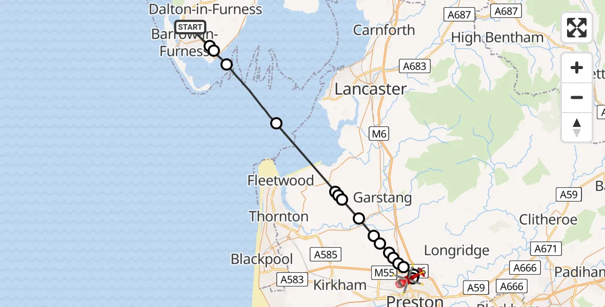 Flight route Air Ambulance Helicopter Barrow-in-Furness - Preston, 24 July 2026, 16:22