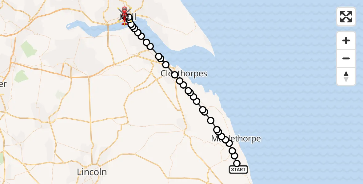 Flight route Air Ambulance Helicopter Mumby - Hull Royal Infirmary, 24 July 2026, 16:30