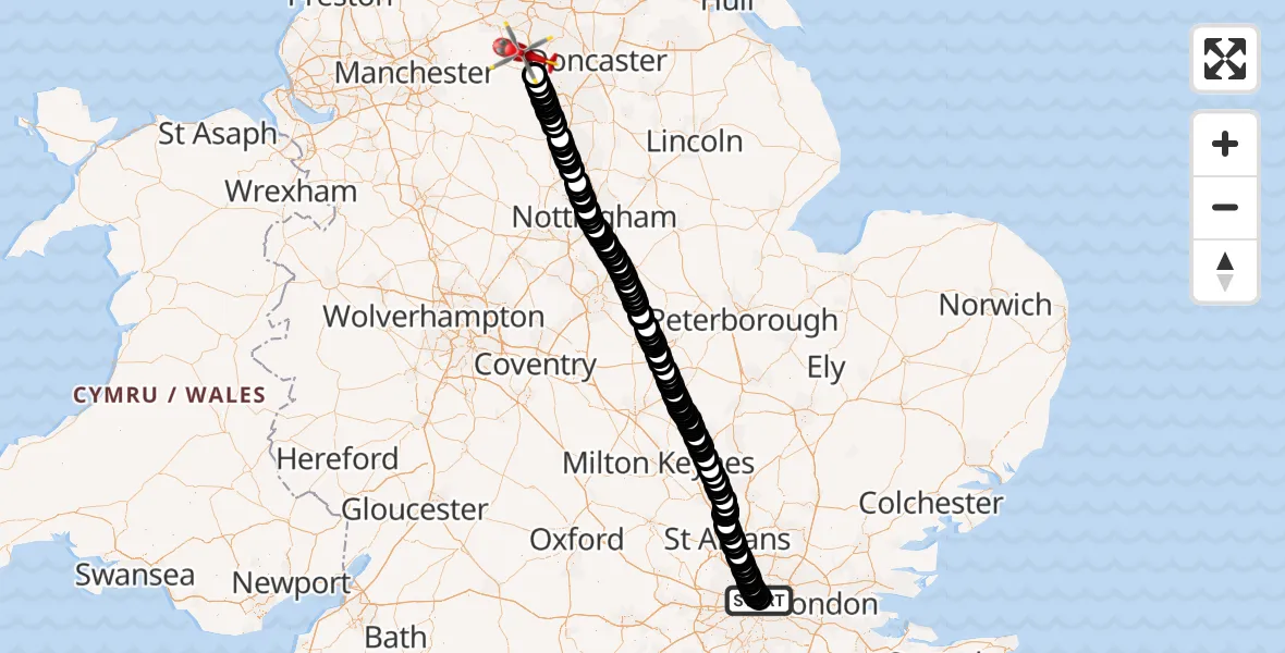 Flight route Air Ambulance Helicopter Chalk Farm - Barnsley, 24 July 2026, 16:32
