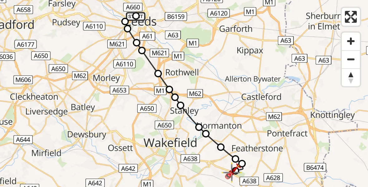 Flight route Air Ambulance Helicopter Woodhouse - YAA Nostell Helicopter Port, 24 July 2026, 16:37