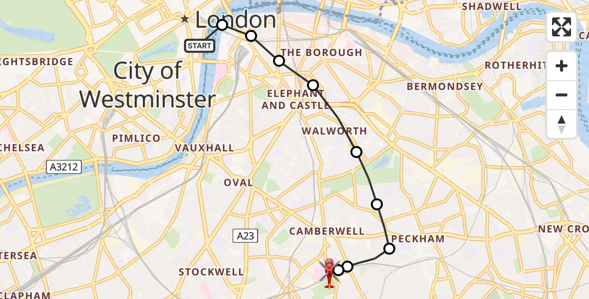 Flight route Air Ambulance Helicopter City of Westminster - Kings College London Hospital, 24 July 2026, 16:40