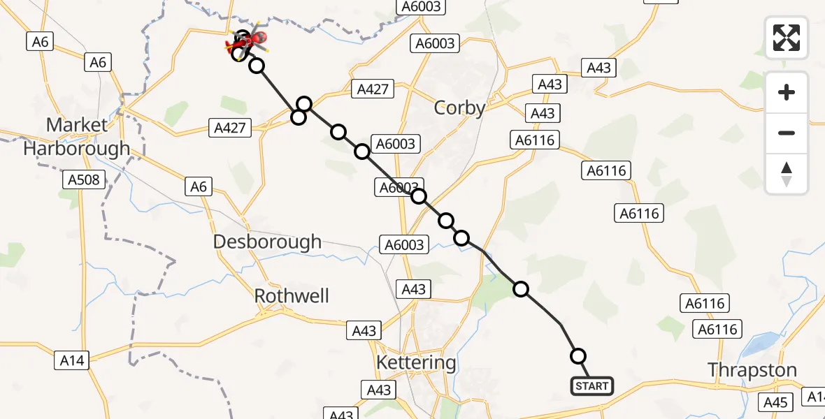 Flight route Air Ambulance Helicopter Cranford St. John - Middleton, 24 July 2026, 16:41