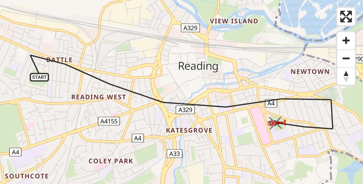 Flight route Air Ambulance Helicopter Reading - Royal Berkshire Hospital, 24 July 2026, 16:53