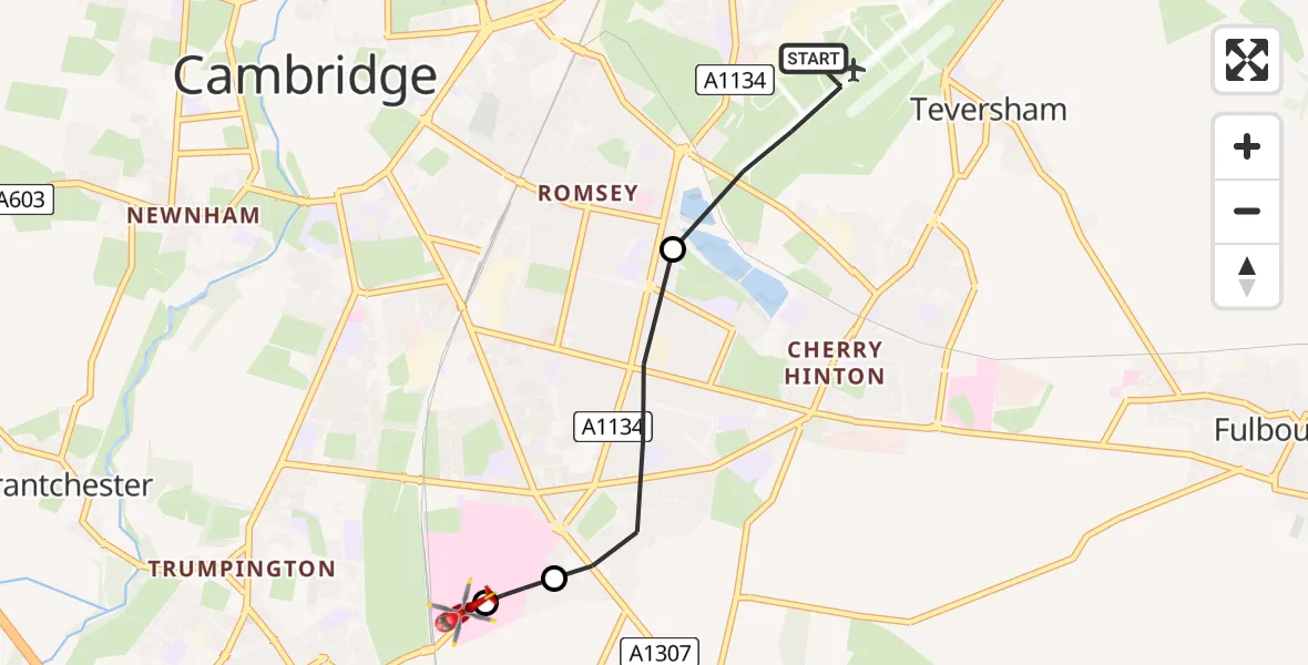 Flight route Air Ambulance Helicopter Cambridge City Airport - Papworth Hospital, 24 July 2026, 16:56