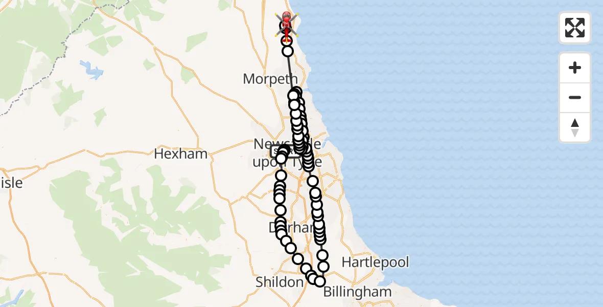 Flight route Air Ambulance Helicopter Newcastle Royal Victoria Infirmary - Broomhill, 24 July 2026, 16:57