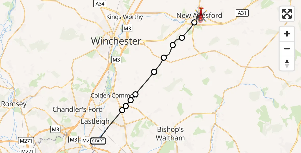 Flight route Air Ambulance Helicopter Eastleigh - New Alresford, 24 July 2026, 17:00