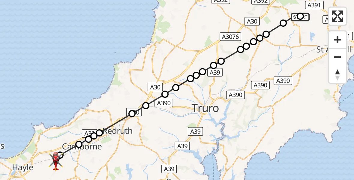 Flight route Air Ambulance Helicopter St. Stephen-in-Brannel - Carnhell Green, 24 July 2026, 17:00