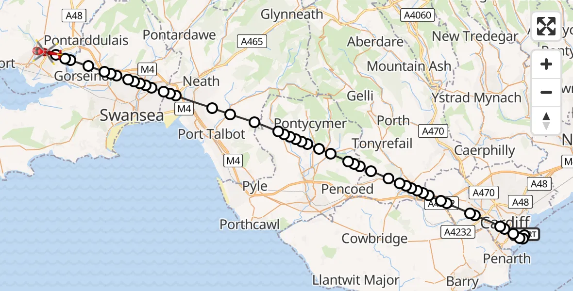 Flight route Air Ambulance Helicopter Cardiff Heliport - Dafen, 24 July 2026, 17:06