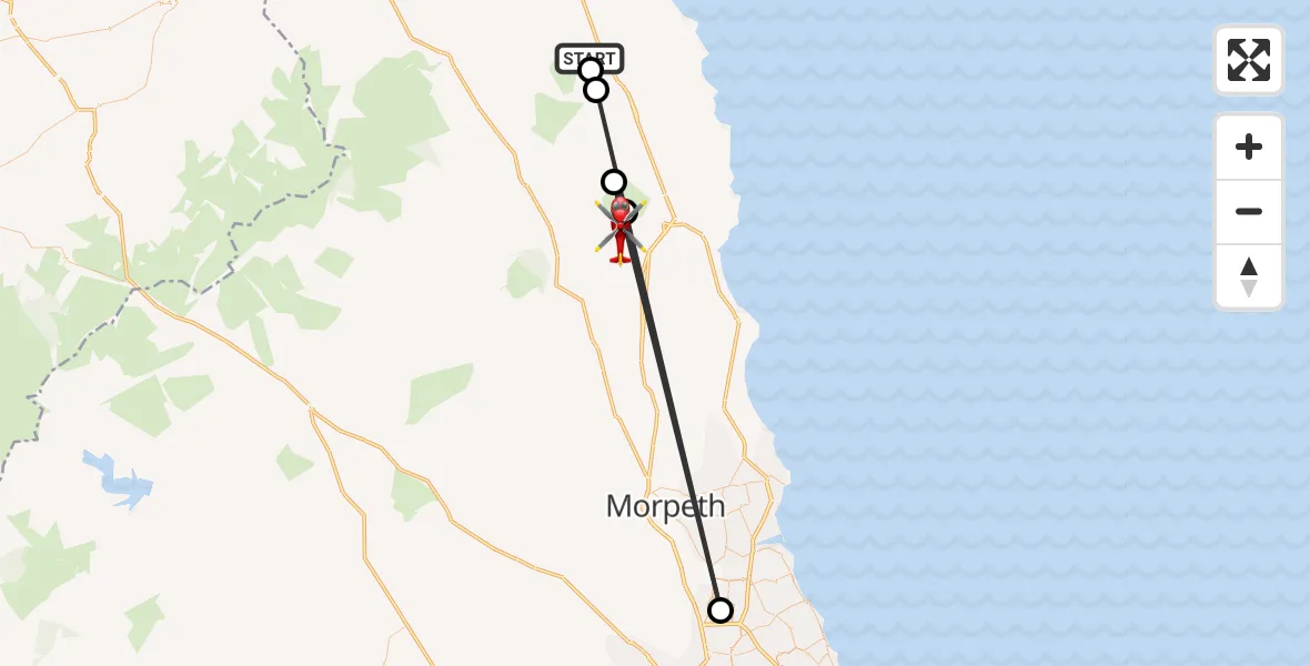 Flight route Air Ambulance Helicopter Warenford - Alnwick, 24 July 2026, 17:07