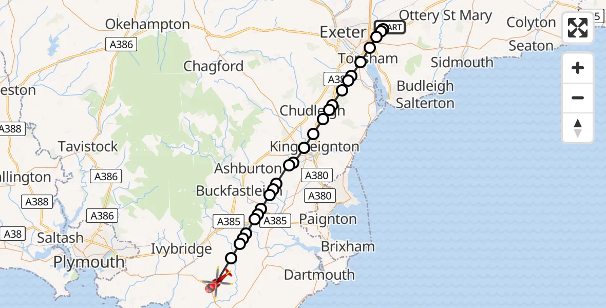 Flight route Air Ambulance Helicopter Exeter International Airport - South Hams, 24 July 2026, 17:10