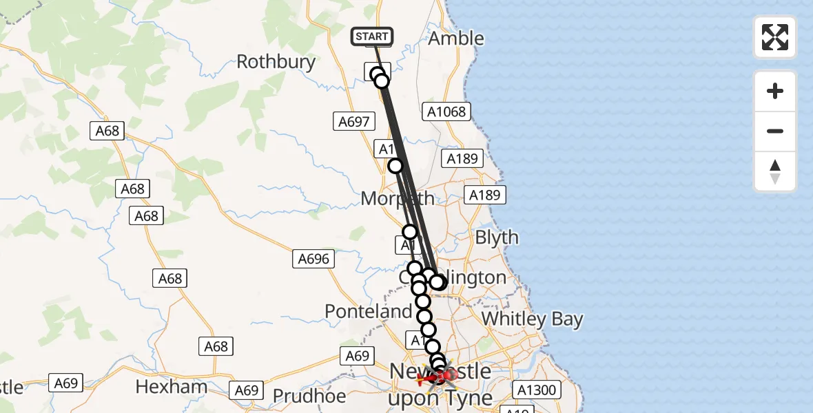 Flight route Air Ambulance Helicopter Newton on the Moor - Newcastle Royal Victoria Infirmary, 24 July 2026, 17:12