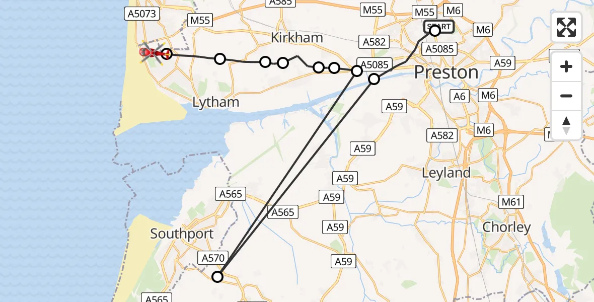 Flight route Air Ambulance Helicopter Royal Preston - Blackpool Airport, 24 July 2026, 17:19