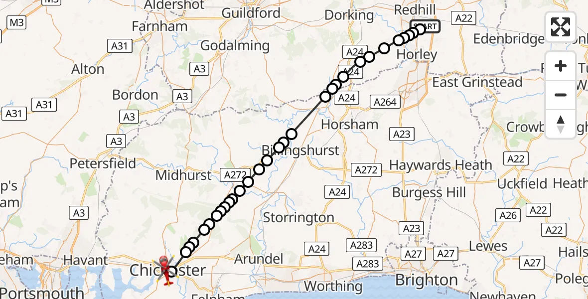 Flight route Air Ambulance Helicopter Redhill Aerodrome - Chichester, 24 July 2026, 17:27