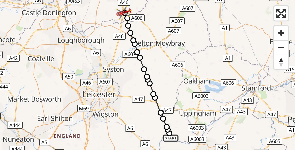 Flight route Air Ambulance Helicopter Harborough - Nottingham Heliport, 24 July 2026, 17:30