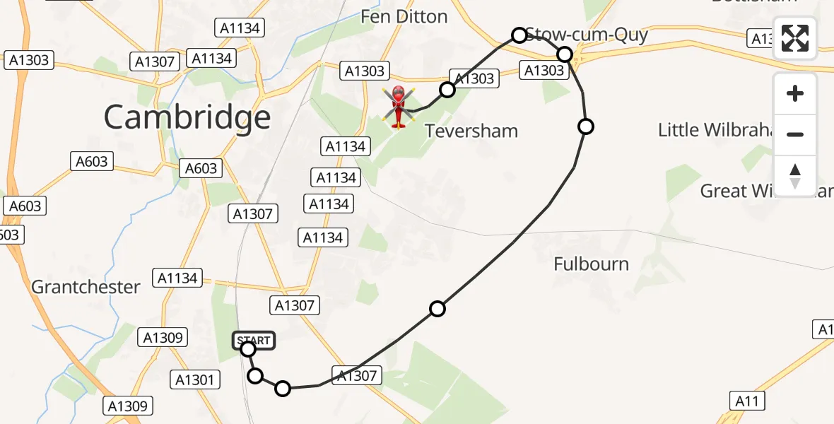 Flight route Air Ambulance Helicopter Papworth Hospital - Cambridge City Airport, 24 July 2026, 17:31