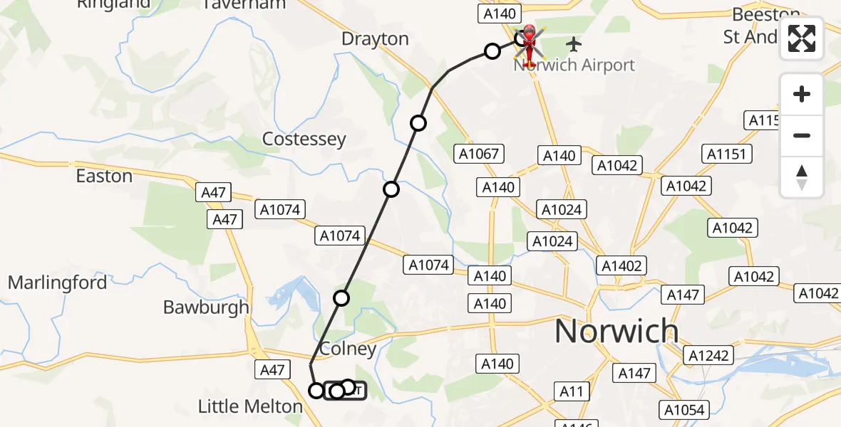 Flight route Air Ambulance Helicopter Norfolk & Norwich Hospital - Norwich Airport, 24 July 2026, 17:32