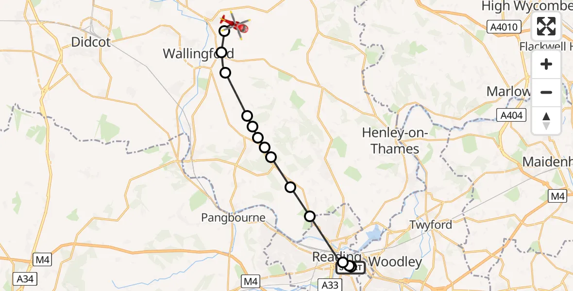 Flight route Air Ambulance Helicopter Royal Berkshire Hospital - RAF Benson, 24 July 2026, 17:39