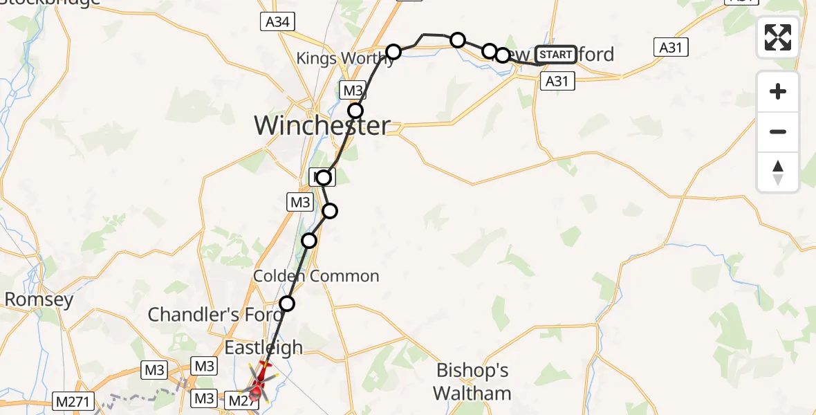 Flight route Air Ambulance Helicopter New Alresford - Southampton Airport, 24 July 2026, 17:51