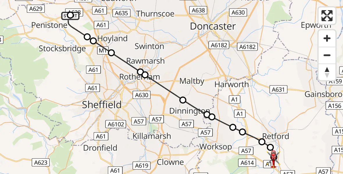 Flight route Air Ambulance Helicopter Barnsley - Retford Gamston Airport, 24 July 2026, 17:59