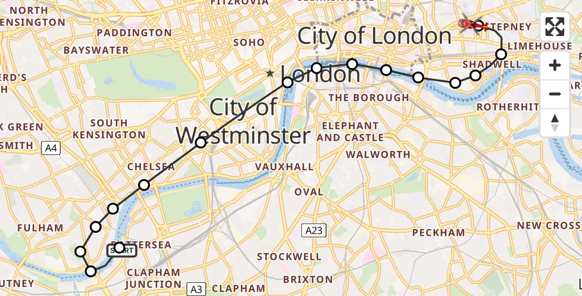 Flight route Air Ambulance Helicopter London Heliport - Royal London Hospital, 24 July 2026, 17:59