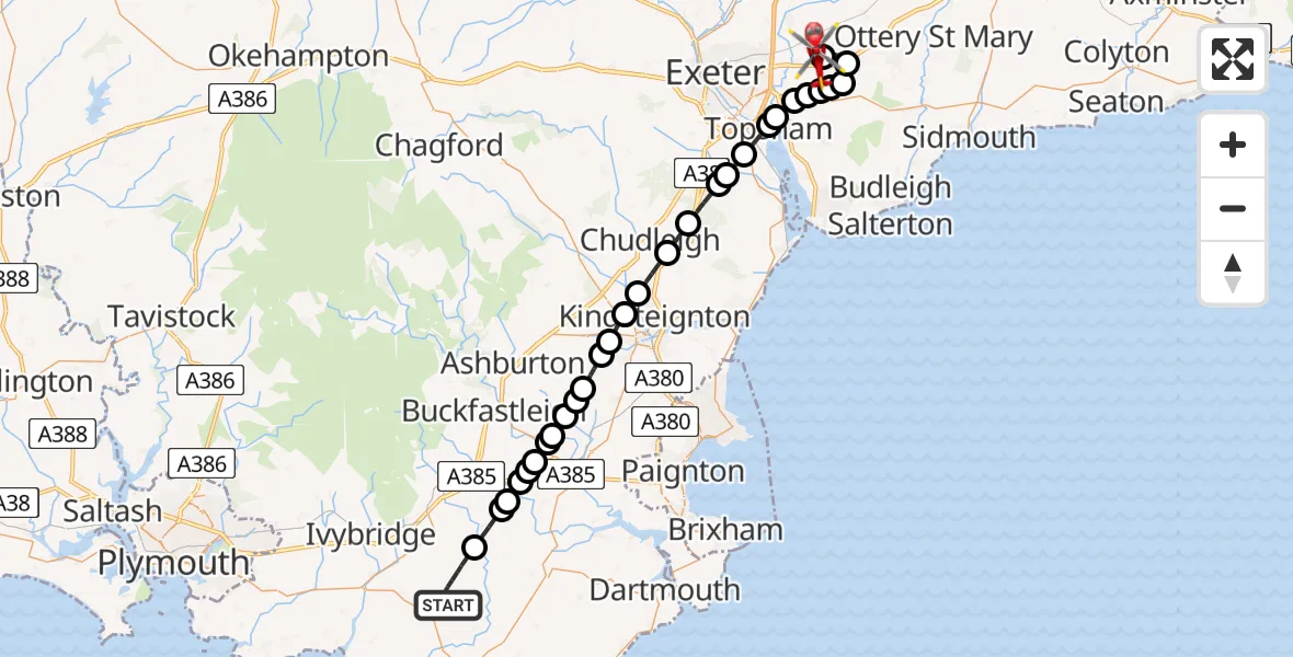 Flight route Air Ambulance Helicopter South Hams - Exeter International Airport, 24 July 2026, 18:02