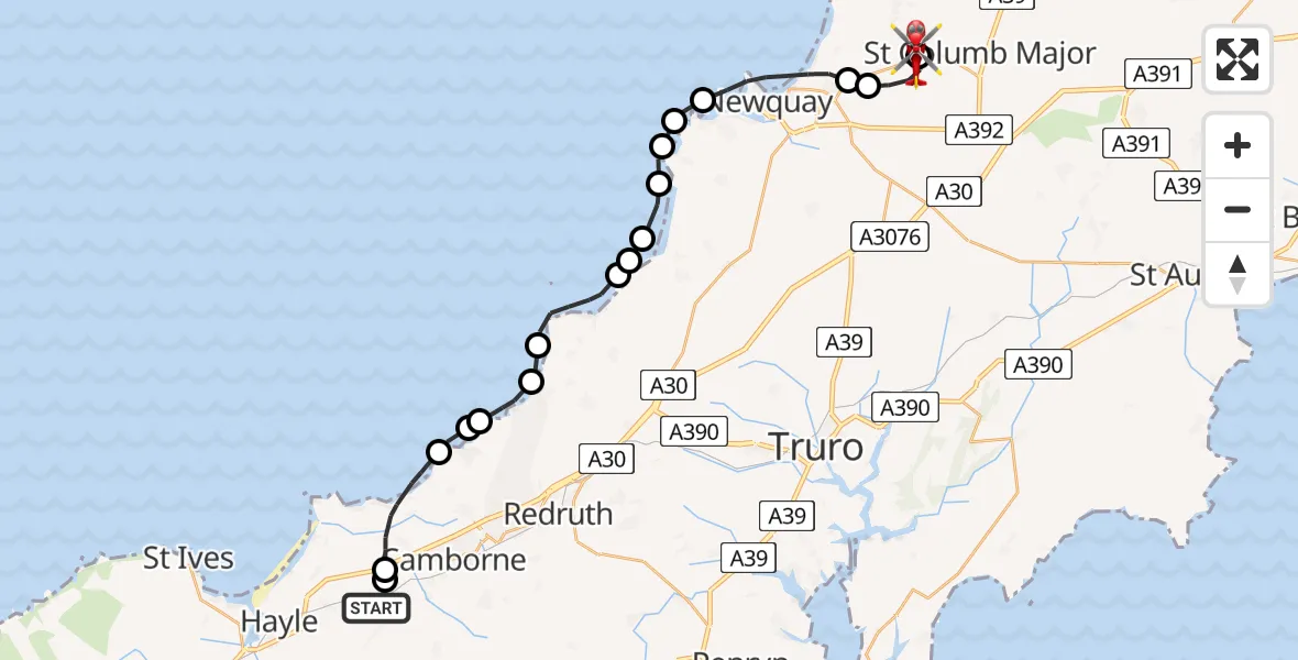 Flight route Air Ambulance Helicopter Carnhell Green - Cornwall Airport Newquay, 24 July 2026, 18:10