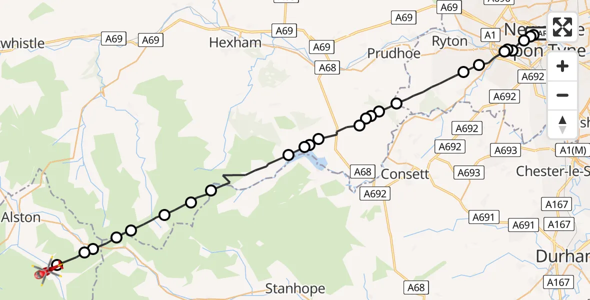 Flight route Air Ambulance Helicopter Newcastle Royal Victoria Infirmary - Garrigill, 24 July 2026, 18:15