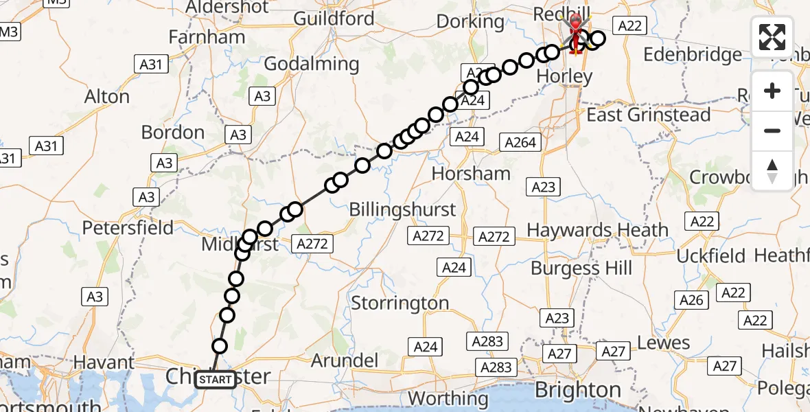 Flight route Air Ambulance Helicopter Chichester - Redhill Aerodrome, 24 July 2026, 18:16