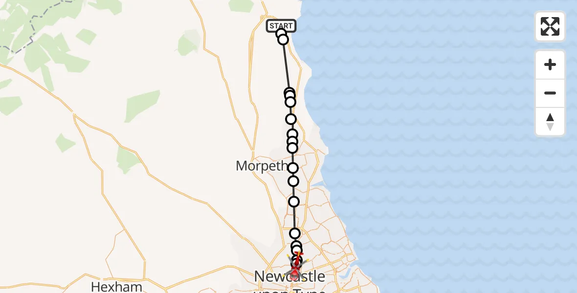 Flight route Air Ambulance Helicopter Hipsburn - High Heaton, 24 July 2026, 18:24