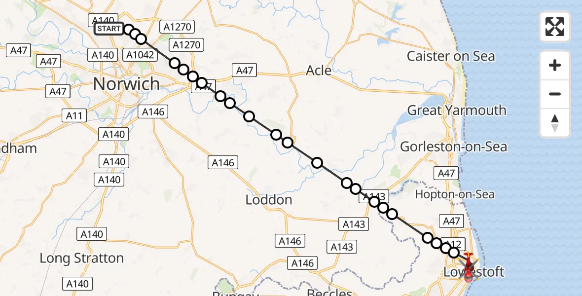 Flight route Air Ambulance Helicopter Norwich Airport - Lowestoft, 24 July 2026, 18:47