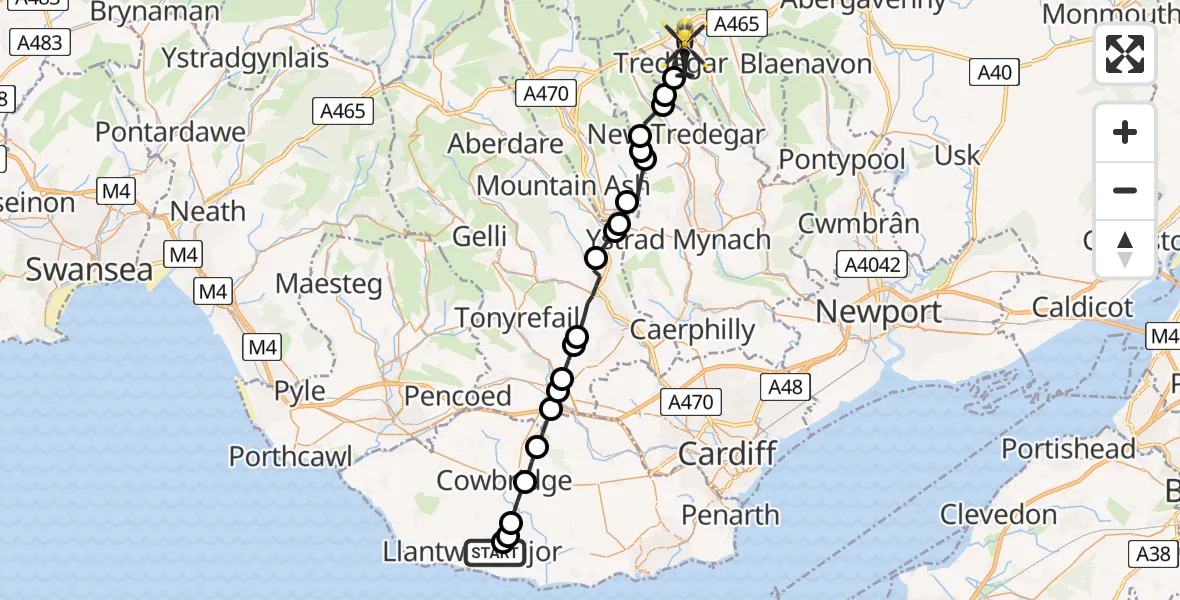Flight route Police Helicopter Boverton - Tredegar, 24 July 2026, 19:00