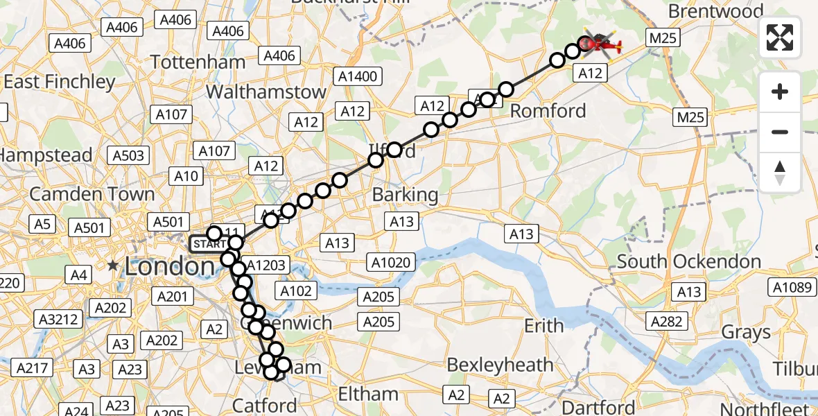 Flight route Air Ambulance Helicopter Royal London Hospital - Harold Hill, 24 July 2026, 19:01