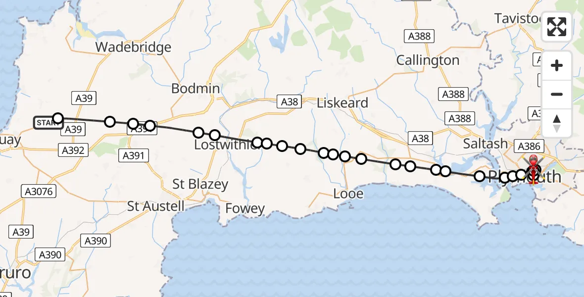 Flight route Air Ambulance Helicopter Cornwall Airport Newquay - Mannamead, 24 July 2026, 19:08