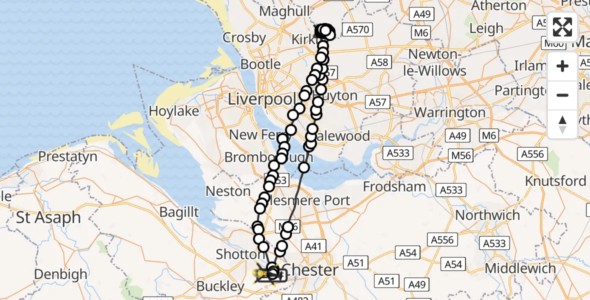 Flight route Police Helicopter Hawarden Airport - Broughton and Bretton, 24 July 2026, 19:08