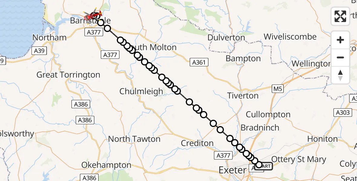 Flight route Air Ambulance Helicopter Exeter International Airport - North Devon Hospital, 24 July 2026, 19:19