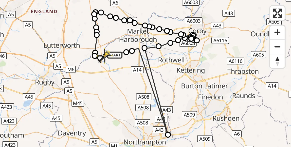 Flight route Police Helicopter Sibbertoft - Harborough, 24 July 2026, 19:21