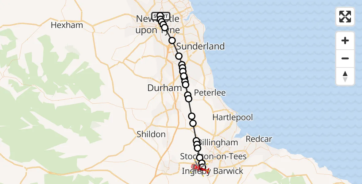 Flight route Air Ambulance Helicopter High Heaton - Egglescliffe, 24 July 2026, 19:22